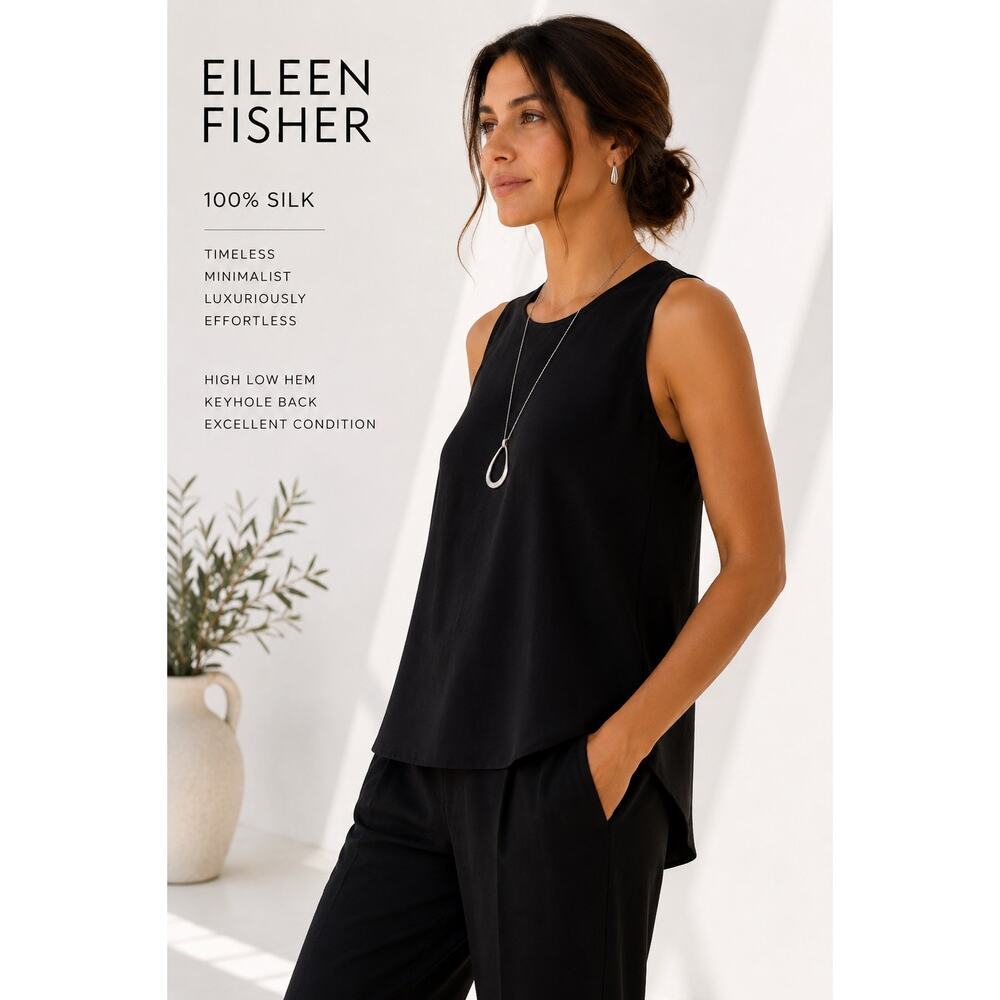 Eileen Fisher 100% Silk Black High Low Tank Top XS Minimalist Quiet Luxury Shell